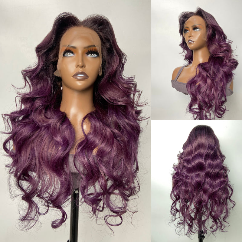 QVR Body Wave Ombre Smokey Dark Purple 13x4 Lace Front Wig With Black Root Human Hair