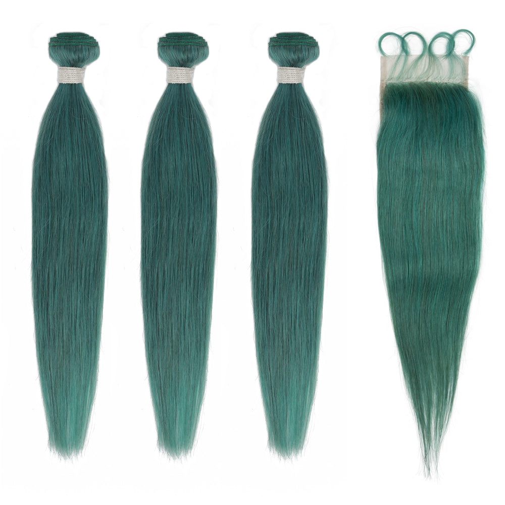 Queen Remy Human Hair 3 Bundles with Closure Straight Hair Weave Jade Green Color
