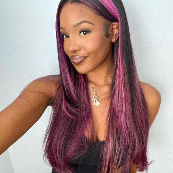 Lace Front Wig Black Hair With Purple Highlights Straight/Body Wave Human Hair Wigs
