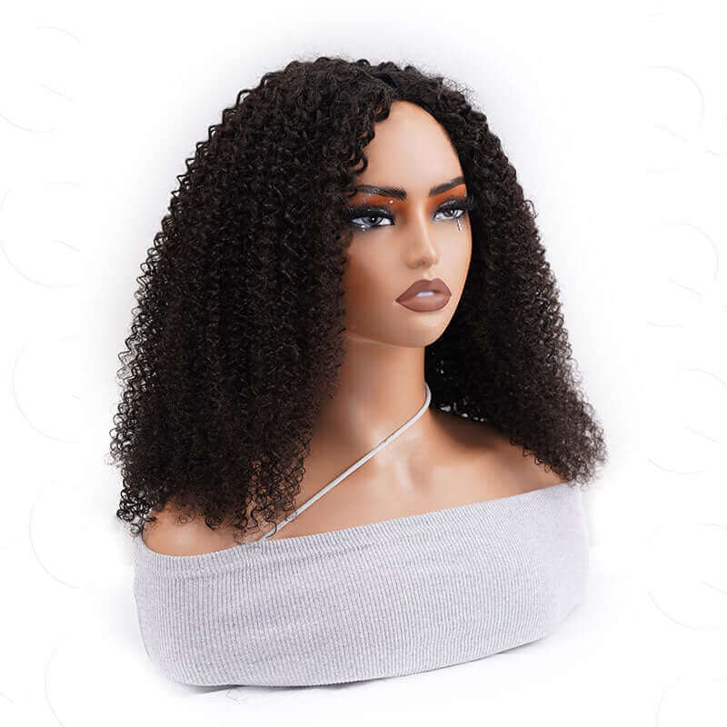 US Only|QVR #1B Kinky Curly V Part Human Hair Wigs