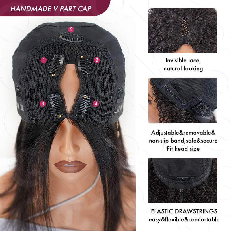 QVR Afro Kinky Curly V Part Wigs Human Hair Beginner Friendly No Leave Out