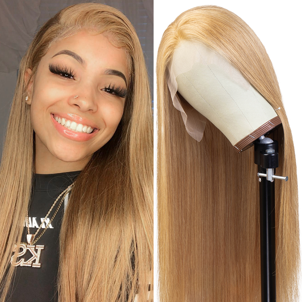 QVR #27 Honey Blonde Human Hair Wigs with Bangs 13x4 HD Lace Wig/Full Machine Made Wig With Bangs