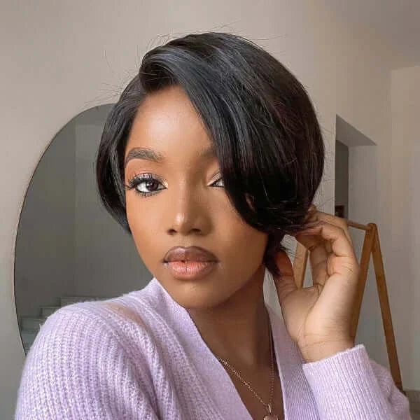 QVR Mature Lady Natural Black Pixie Cut Short Wig 100% Human Hair