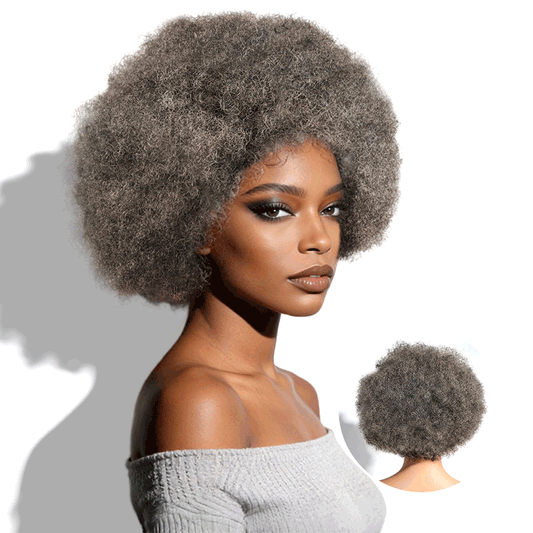 QVR Salt and Pepper Side Part Afro Curl Bouncy Human Hair Machine Made Glueless Wig