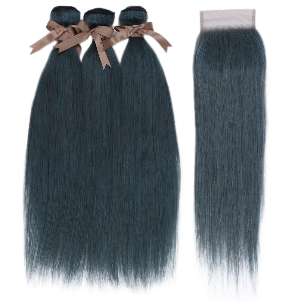 Queen  Remy Human Hair 3 Bundles with Closure Straight Hair Weave Ink Blue Jade Shade Dark Green  Color