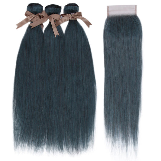 Queen  Remy Human Hair 3 Bundles with Closure Straight Hair Weave Ink Blue Jade Shade Dark Green  Color