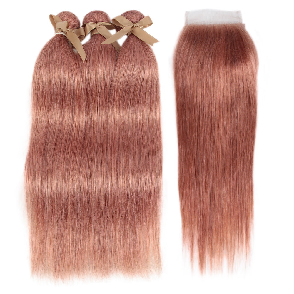 QVR Straight Bundles With Closure Remy Human Hair Weave 3 bundles with 4*4 Lace Closure Pink Color