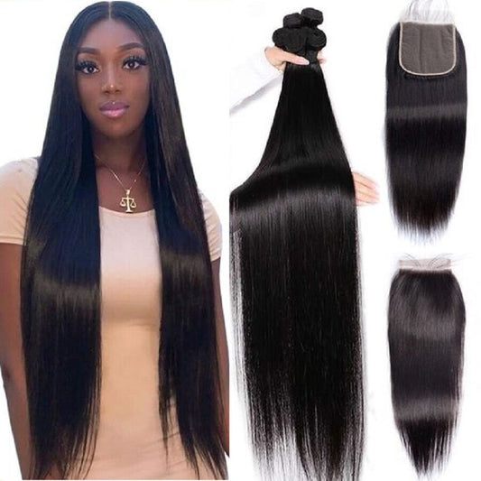 QVR Remy Human Hair Straight Hair Weave 3 Bundles With 4x4 Lace Closure