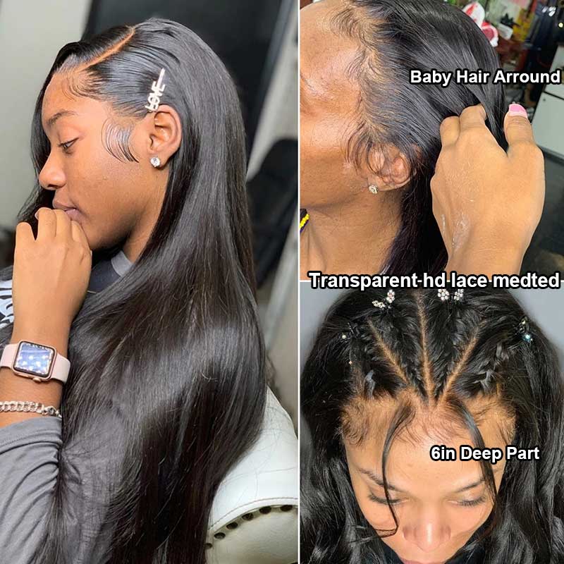 QVR Straight Hair Wig Virgin Human Hair Wigs 13x6 HD Transparent Lace Frontal Wigs Natural Black Color