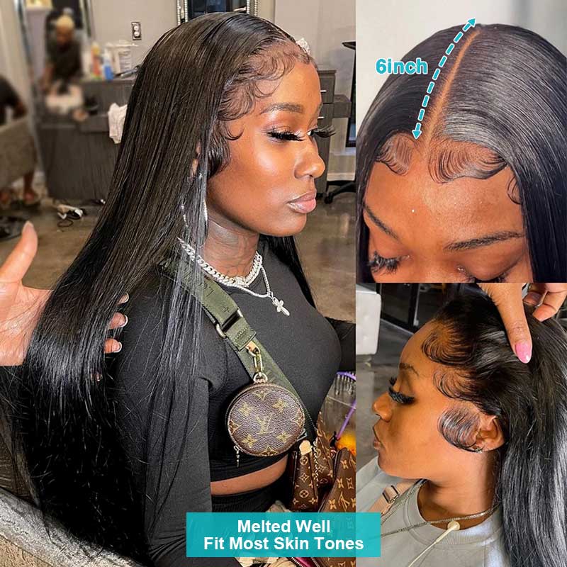 QVR Straight Hair Wig Virgin Human Hair Wigs 13x6 HD Transparent Lace Frontal Wigs Natural Black Color
