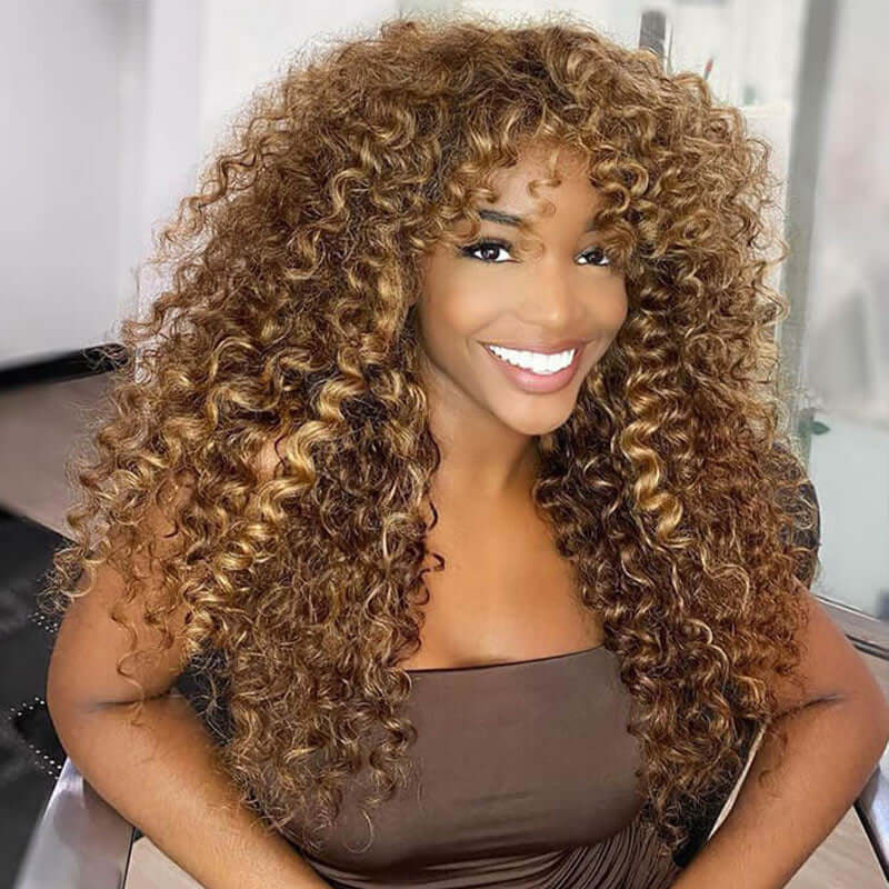 QVR Highlight Curly No Lace Piano #4/27 Color Glueless Machine Made Wig With Bangs