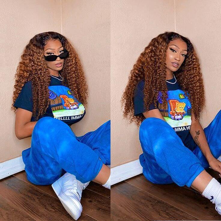 QVR Deep Wave 1B/30 Ombre Honey Brown Color Glueless 4x4 Lace Closure Wig 100% Virgin Human Hair Wigs
