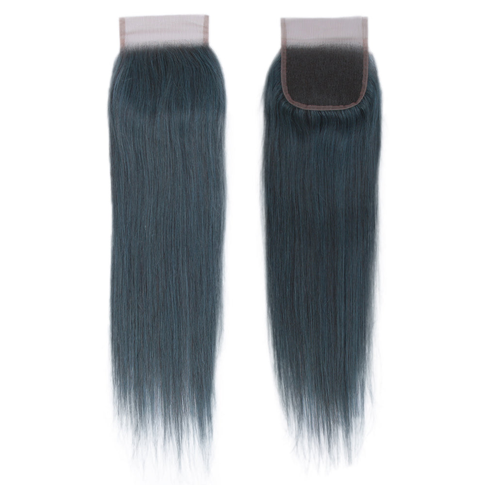 Queen  Remy Human Hair 3 Bundles with Closure Straight Hair Weave Ink Blue Jade Shade Dark Green  Color