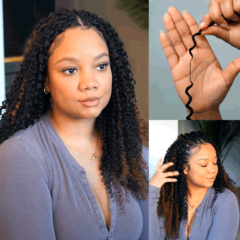 QVR Brown Highlight Crochet Hair Small Kinky Curly #1B+#30 Machine Made Feather Human Hair Extension