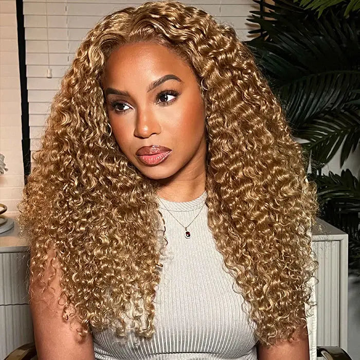 QVR #27 Blonde Curly Pre Plucked Real 13x4 Lace Frontal Wigs 180% Density Deep Parting Human Hair Wigs