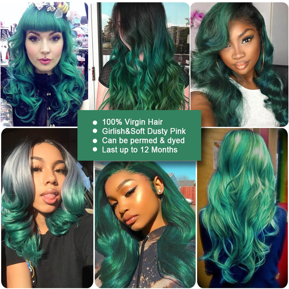 QVR Virgin Human Hair Ombre Turquoise Green Human Hair 1pc Body Wave Bundles TT1B/TUQIV