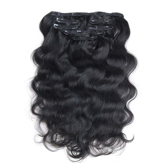 QVR Body Wave Hair 7Pcs Clip in Hair Extension Brazilian Natural Black Virgin Human Hair