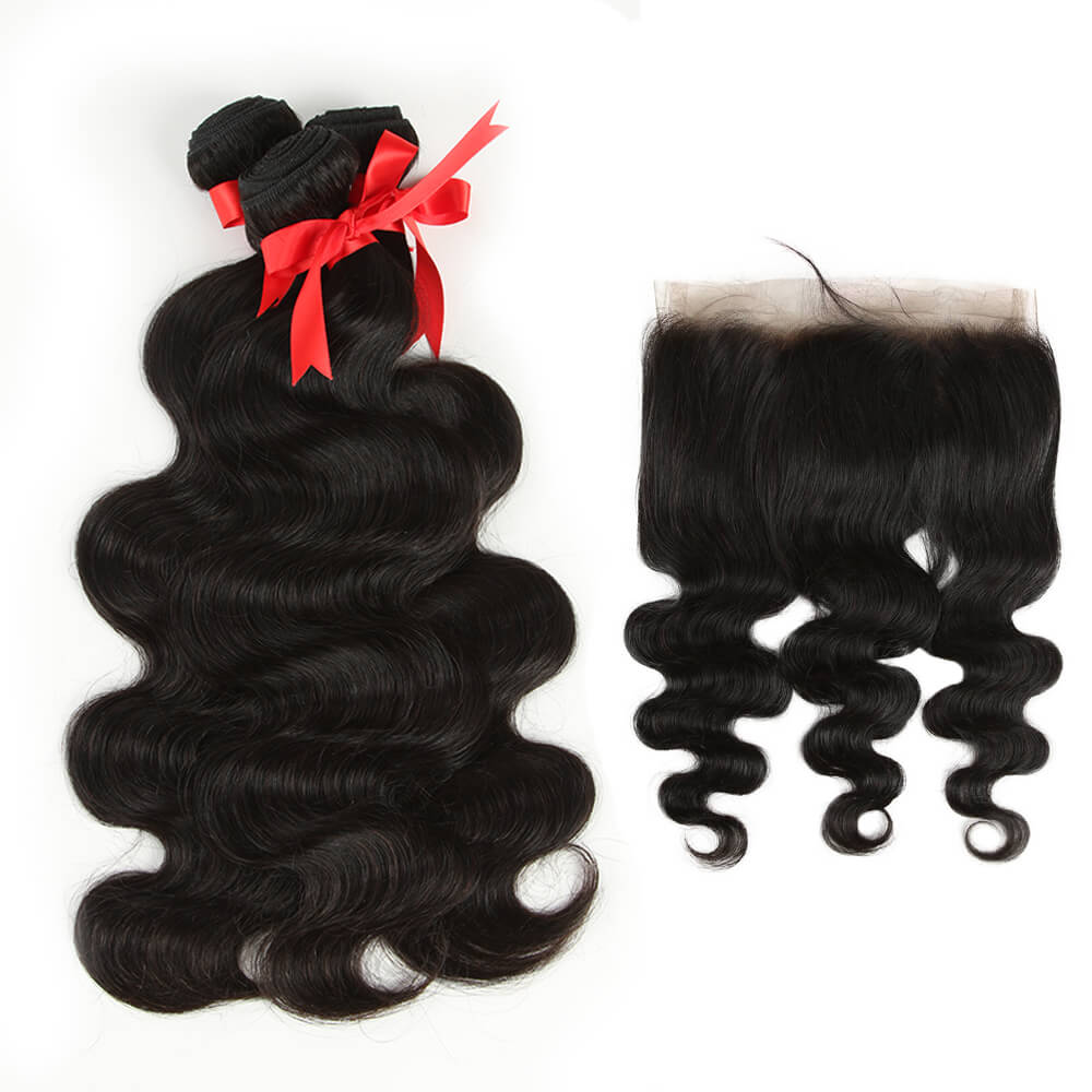 QVR Virgin Human Hair Body Wave 3 Bundles With 360 Lace Frontal