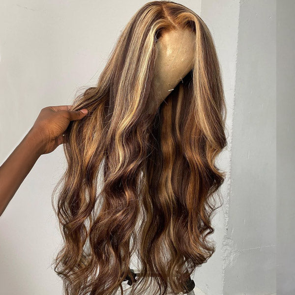 Honey Blonde Highlight Lace Front Wigs Body Wave Human Hair Wig 13x4 HD Lace Frontal Wigs