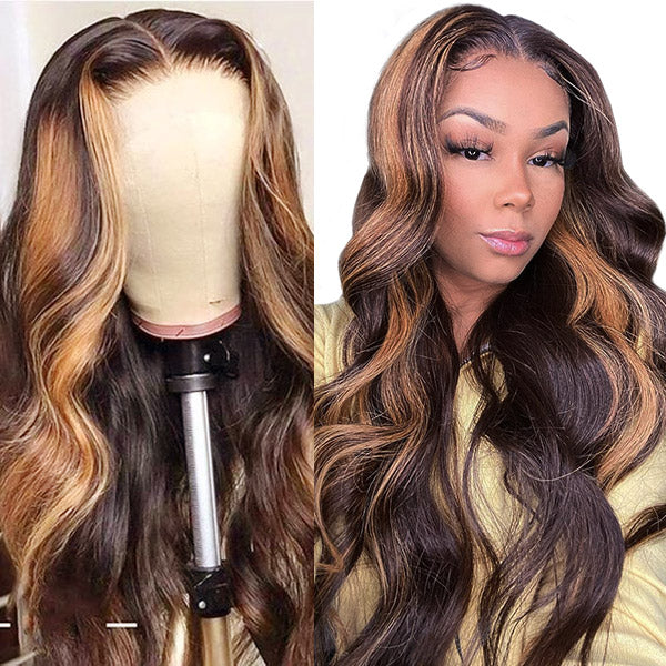 Honey Blonde Highlight Lace Front Wigs Body Wave Human Hair Wig 13x4 HD Lace Frontal Wigs