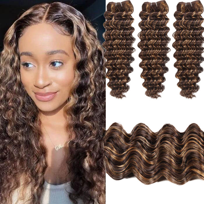 QVR Deep Wave Weave 3 Bundles with Closure Virgin Human Hair Highlights Weave and Closure Piano Brown Color