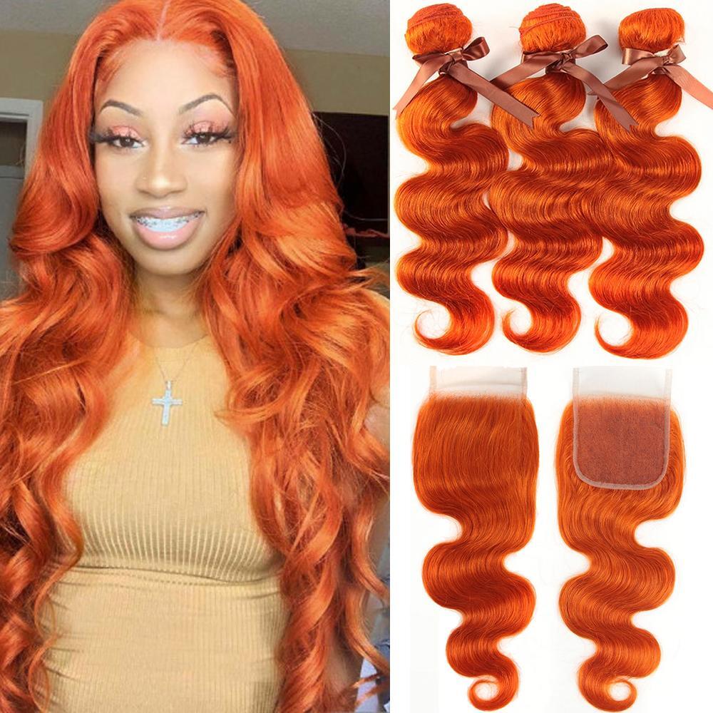 QVR Body Wave Hair Bundles With Closure Remy Human Hair 3 Bundles with Frontal Orange Ginger Color