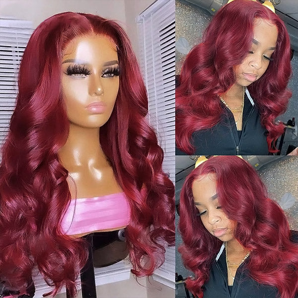 99J HD Lace Wig Body Wave Wig 4x4 Lace Closure Wig Burgundy Human Hair Wig