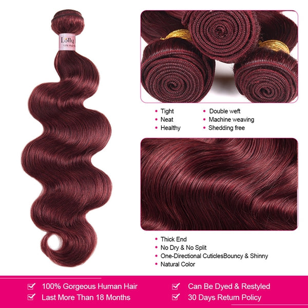 Burgundy Human Hair Bundles with Closure 99J Body Wave Hair 3 Bundles with Lace Closure