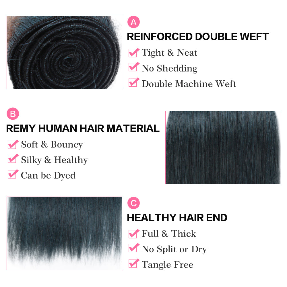 Queen Remy Human Hair 3 Bundles Straight Human Hair Weave Ink Blue Dark Green Color