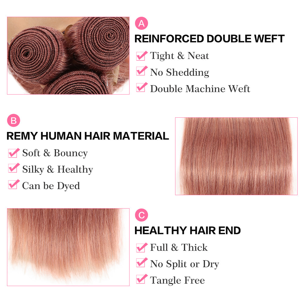 QVR Straight Bundles With Closure Remy Human Hair Weave 3 bundles with 4*4 Lace Closure Pink Color