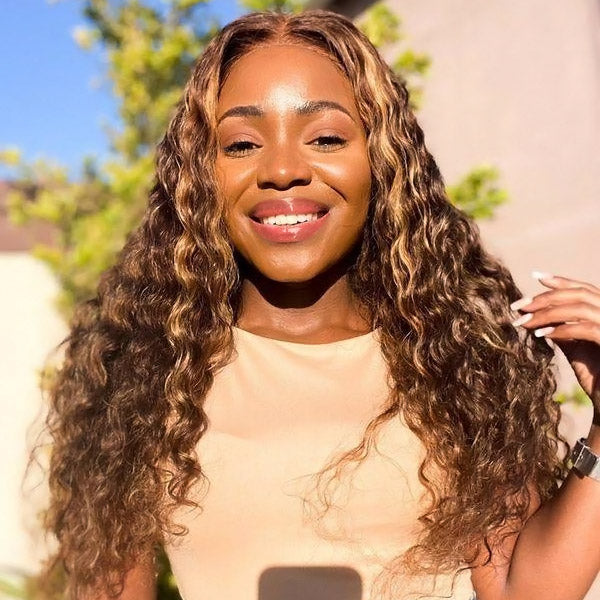 QVR Deep Wave Closure Wigs Human Hair Wigs 180% Density 4x4 Lace Closure Highlight Wigs Honey Blonde
