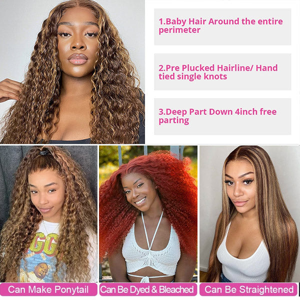 QVR Highlight Wigs Deep Wave 13x4 HD Lace Front Wigs Ombre Honey Blonde Human Hair Wigs