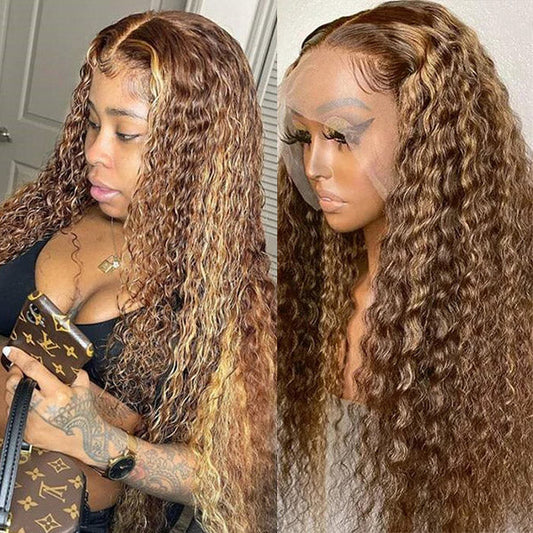 QVR Highlight Curly Wig Human Hair Wigs 13x4 Transparent Lace Front Wig Honey Blonde Color