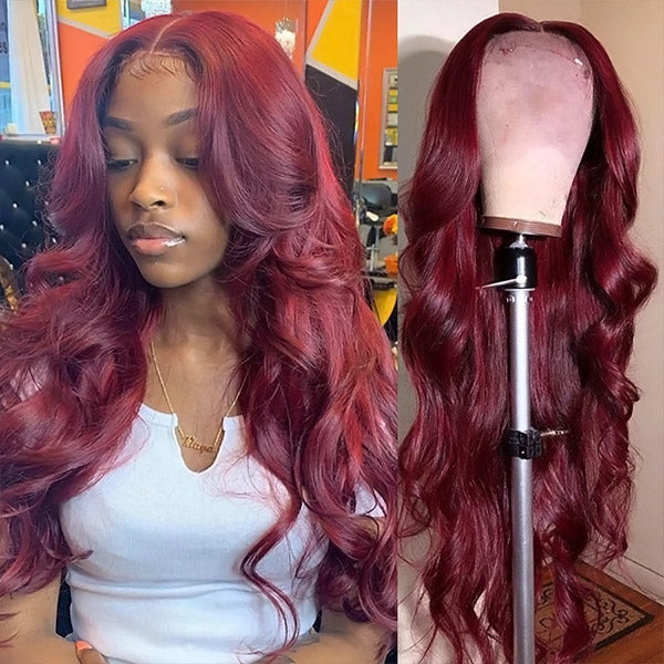 99J HD Lace Wig Body Wave Wig 4x4 Lace Closure Wig Burgundy Human Hair Wig