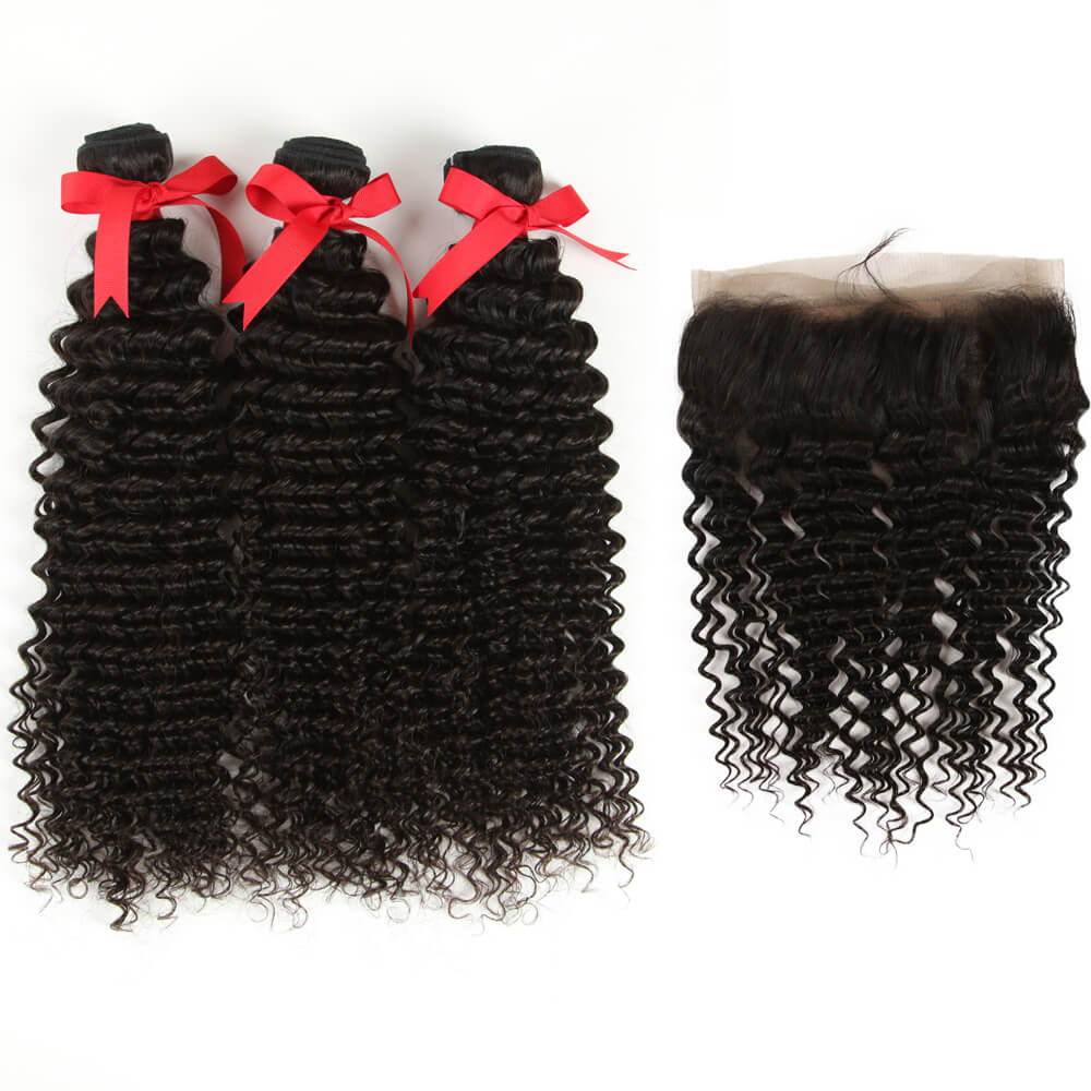 QVR Virgin Human Hair Curly 3 Bundles With 360 Lace Closure