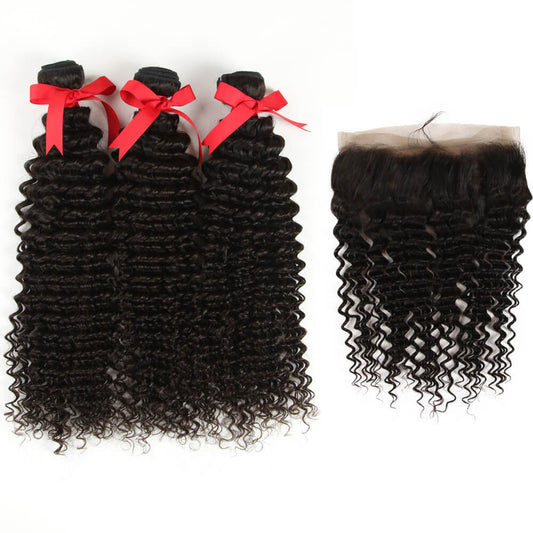 QVR Virgin Human Hair Curly 3 Bundles With 360 Lace Closure