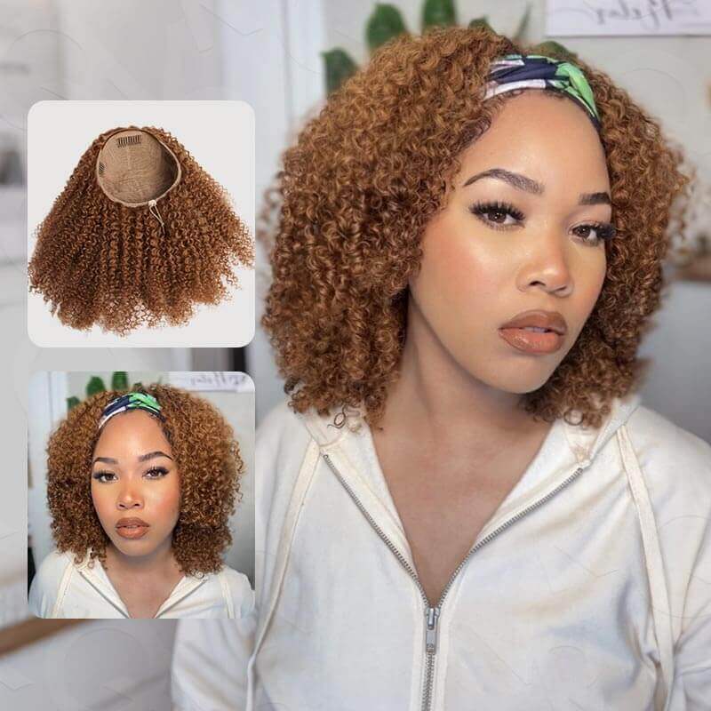 QVR Glueless Auburn Brown Kinky Curly Half Wig 250% Density Human Hair Wig Wear Go Flip Over Wig