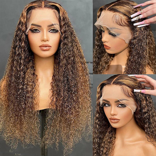 QVR Highlight Curly Wig Human Hair Wigs 13x4 Transparent Lace Front Wig Honey Blonde Color