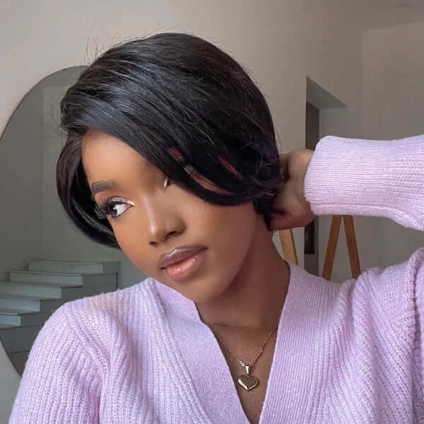 QVR Mature Lady Natural Black Pixie Cut Short Wig 100% Human Hair