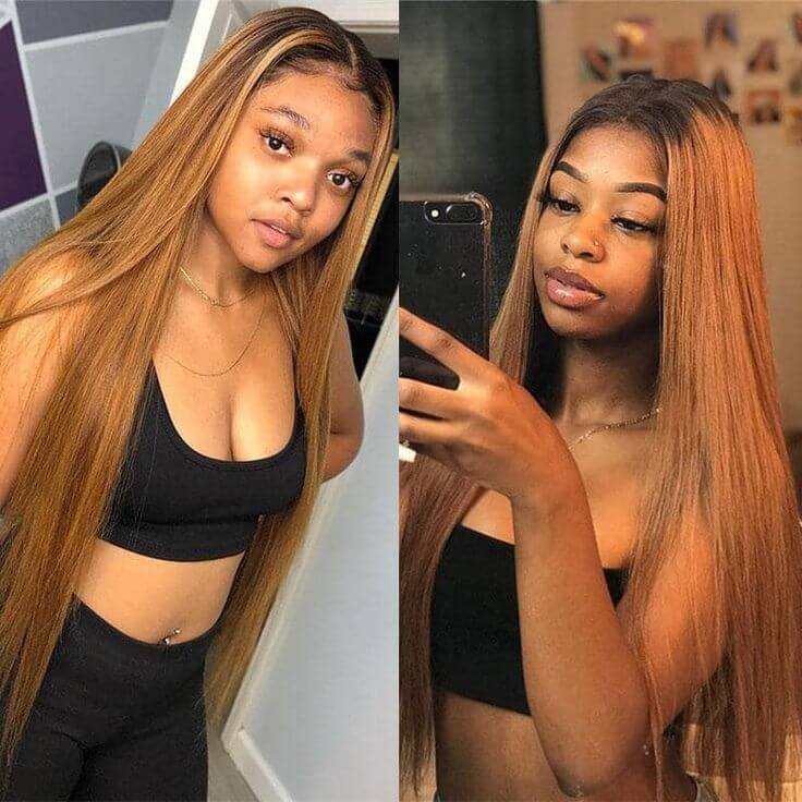 QVR Straight Hair 1B/30 Ombre Honey Brown Color Glueless 4x4 Lace Closure Wig 100% Virgin Human Hair Wigs