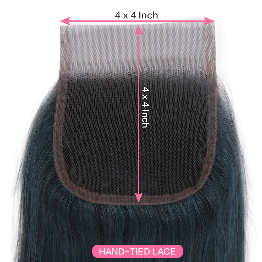 Queen  Remy Human Hair 3 Bundles with Closure Straight Hair Weave Ink Blue Jade Shade Dark Green  Color