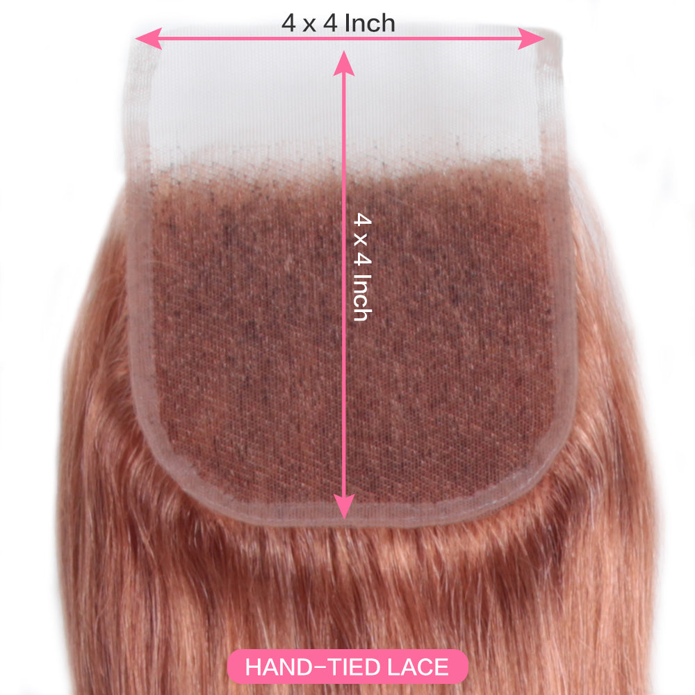 QVR Straight Bundles With Closure Remy Human Hair Weave 3 bundles with 4*4 Lace Closure Pink Color