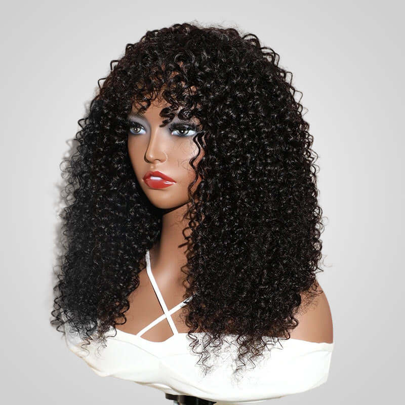 QVR Highlight Curly No Lace Piano #4/27 Color Glueless Machine Made Wig With Bangs