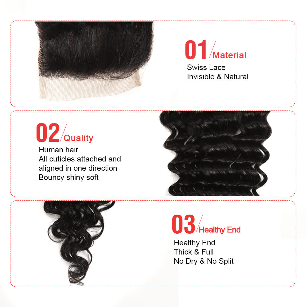 QVR Virgin Human Hair 4*4 Deep Wave Closure Natural Color