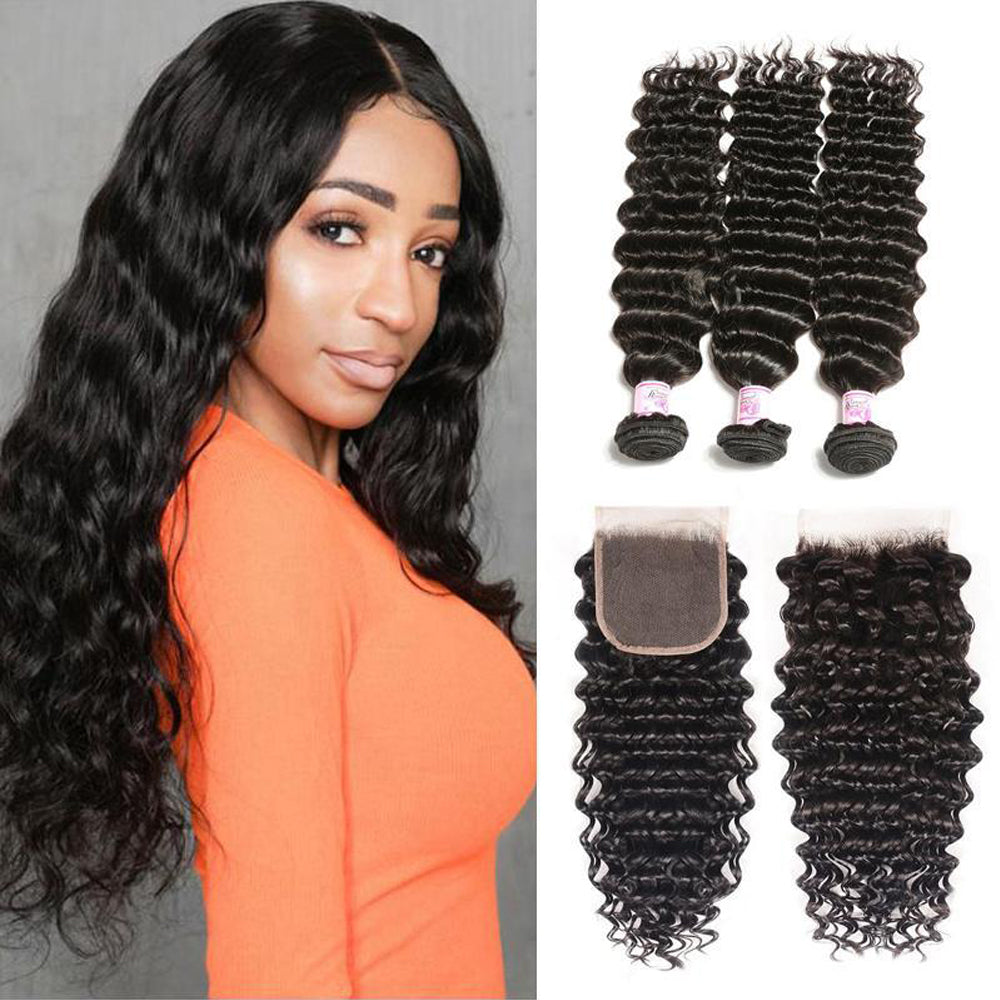 QVR Queen Remy 3 Bundles  Deep Wave Bundles with Closure Peruvian Hair Bundles with Closure Remy 100% Human Hair Bundles with Frontal