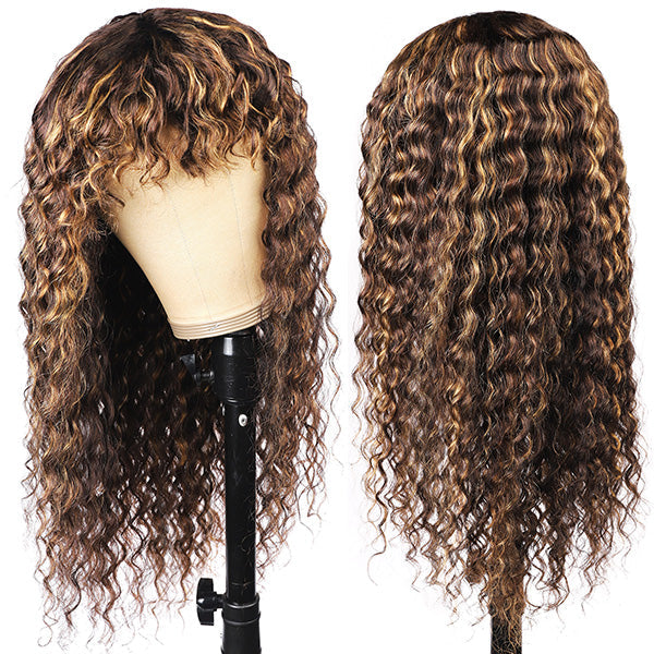 Highlight Human Hair Wigs With Bangs Deep Wave No Lace Wig