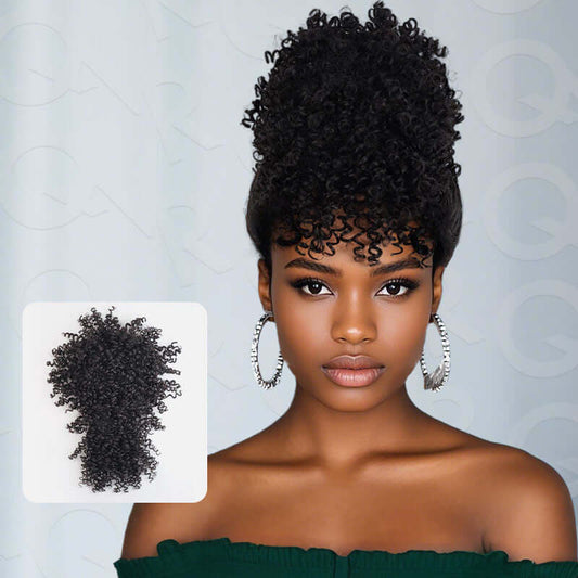 Flash Sale|QVR Drawstring Ponytail Extension With Bangs Short Curly Human Hair