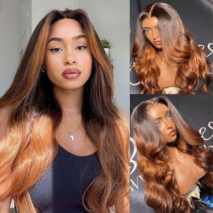 QVR Body Wave Hair 1B/30 Ombre Honey Brown Color Glueless 13x4 Lace Frontal Wig 100% Virgin Human Hair Wigs