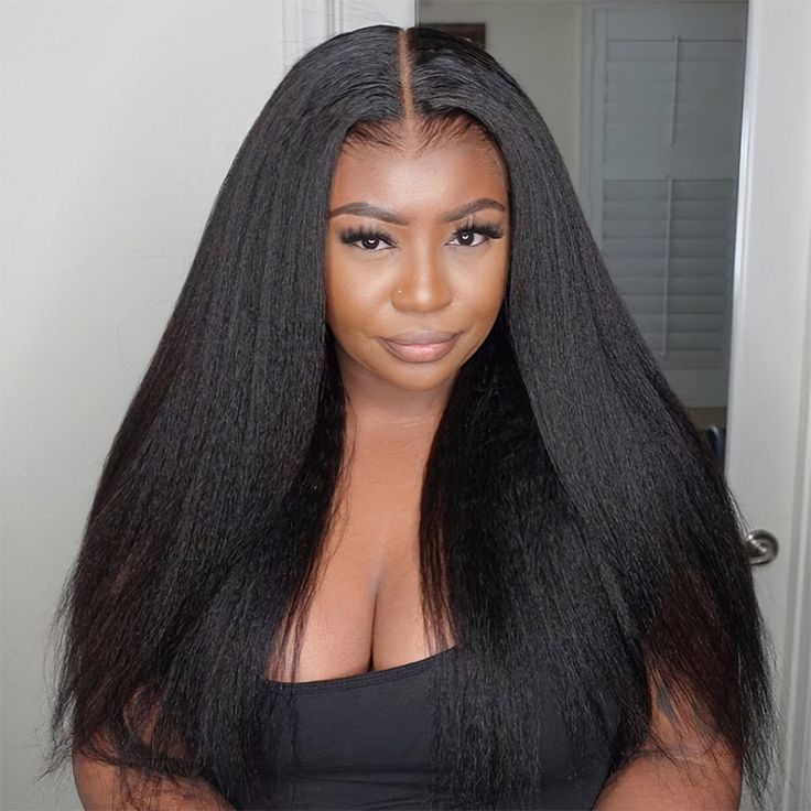 QVR Long Kinky Straight Unprocessed Yaki Human Hair 13x4 Lace Front Wig