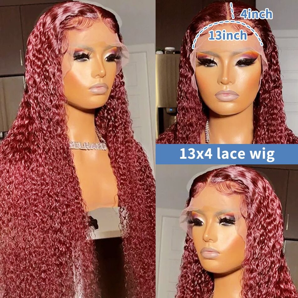 QVR 99J Burgundy Deep Wave Wigs Remy Human Hair Glueless Wigs 16-30 Inch Colored Curly 13x4 Lace Frontal Wigs